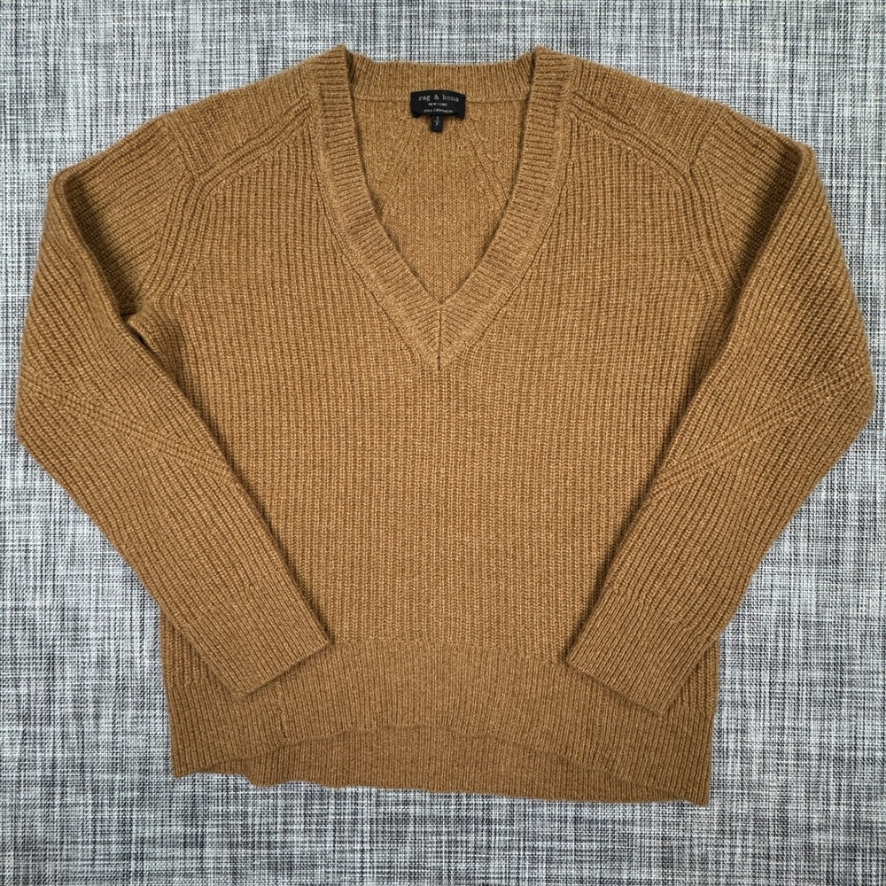 rag & bone Women's Cashmere Sweater Small Camel Brown Shaker Rib V-Neck Luxe